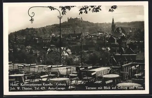 AK Coburg, Hotel und Kaffeerestaurant Kapelle, Terrasse mit Blick auf Coburg und Veste