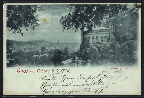 Mondschein-AK Coburg, Kapelle mit Panorama