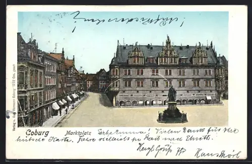 Goldfenster-AK Coburg, Marktplatz mit leuchtenden Fenstern