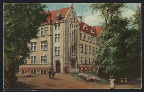 AK Coburg, Alexandrinenschule mit zwei Herren und Schulmädchen