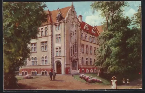 AK Coburg, Alexandrinenschule mit zwei Herren und Schulmädchen