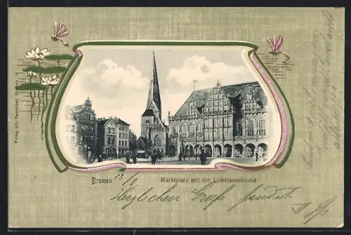 AK Bremen, Liebfrauenkirche am Marktplatz, Margeriten mit Libellen, Passepartout