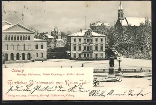 AK Coburg, Herzogliches Hoftheater, Palais Edinburg und Katholische Kirche, Neujahrsgruss
