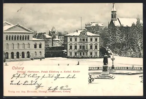 AK Coburg, Herzogliches Hoftheater, Palais Edinburg und Katholische Kirche im Winter