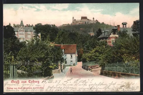 AK Coburg, Strassenpartie mit Festung