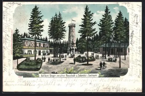 Lithographie Neustadt / Sachsen, Gasthaus & Turm auf dem Unger