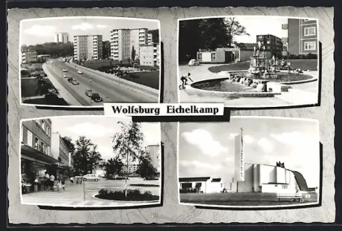 AK Wolfsburg Eichelkamp, Hochhäuser, Springbrunnen