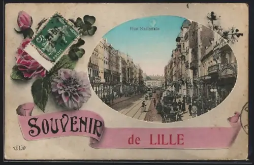AK Lille, Rue Nationale, Strassenpartie mit Strassenbahn, Passepartout
