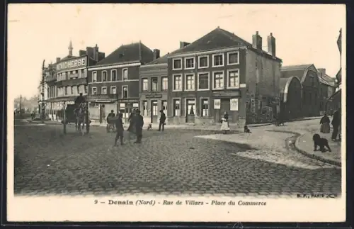 AK Denain /Nord, Rue de Villars et Place du Commerce