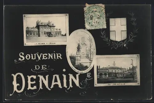 AK Denain, La Gare du Nord, La Mairie, Monument des Victimes de la Guerre