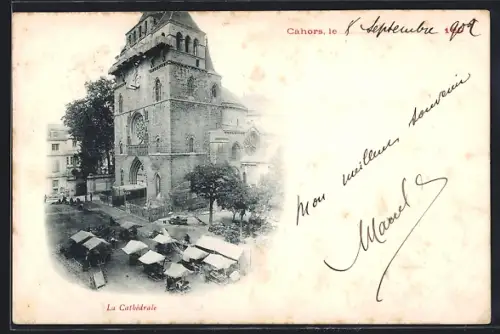 AK Cahors, La Cathédrale avec marché en plein air