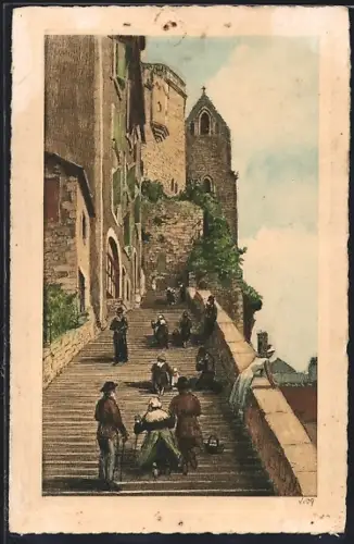 AK Rocamadour /Lot, Escalier des Pèlerins avec vue sur l`église et les passants