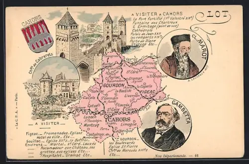 AK Cahors, Carte illustrée avec sites à visiter et portraits de Cl. Marot et Gambetta