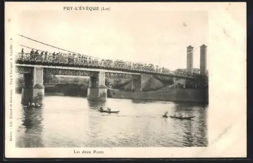 AK Puy-l`Évêque /Lot, Les deux Ponts et canoës sur la rivière