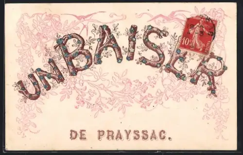 AK Prayssac, Carte décorative avec texte Un baiser et motifs floraux