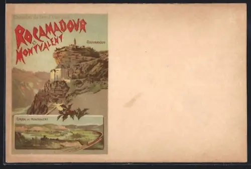 Lithographie Rocamadour, Vue du sanctuaire sur la falaise avec le Cirque de Montvalent