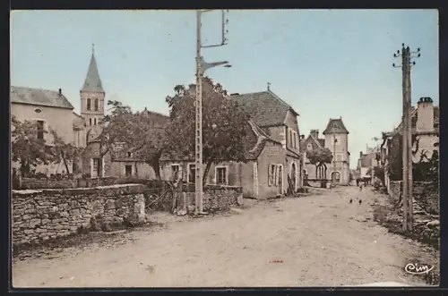 AK Espédaillac /Lot, Rue principale avec église et maisons anciennes