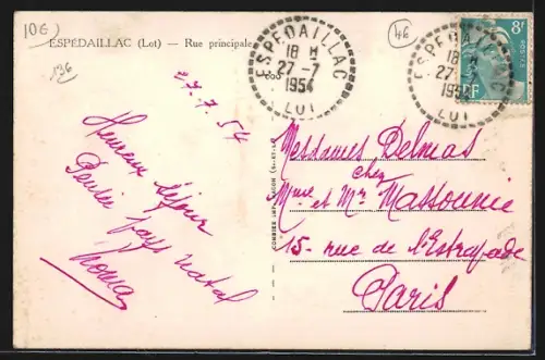 AK Espédaillac /Lot, Rue principale avec église et maisons anciennes