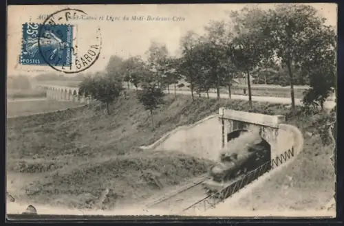 AK Agen, Pont-Canal et Ligne du Midi-Bordeaux-Cette avec train passant sous le pont