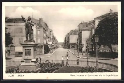AK Agen, Place Jasmin et Boulevard de la République avec statue et bâtiments historiques