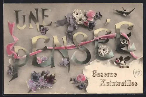 AK Xaintrailles, Caserne, Une pensée ornée de fleurs et rubans