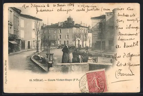 AK Nérac, Cours Victor-Hugo avec passants et charrette