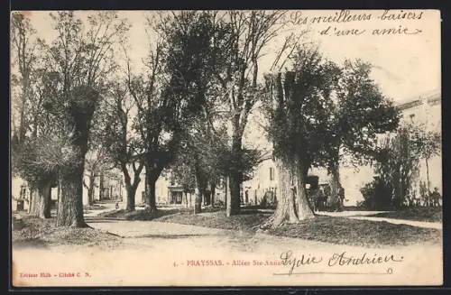 AK Prayssas, Allées Ste-Anne avec arbres majestueux et bâtiments d`époque