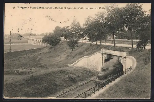 AK Agen, Pont-Canal sur la Garonne et ligne du Midi, Bordeaux à Cette