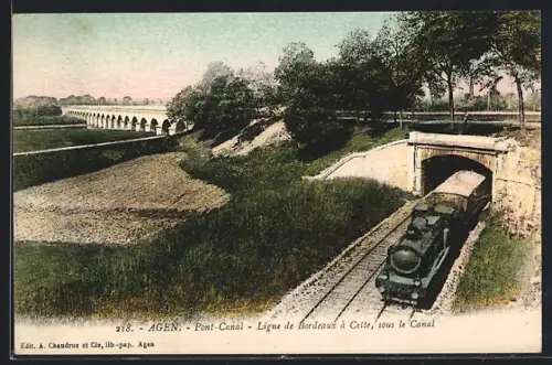AK Agen, Pont-Canal, Ligne de Bordeaux à Cette, sous le Canal