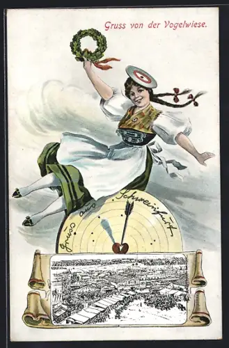 AK Dresden, Gruss von der Vogelwiese, Frau auf der Herz-Zielscheibe mit Siegerkranz
