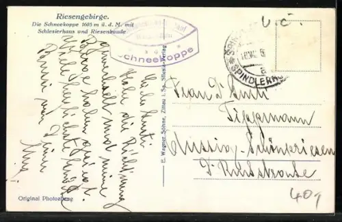 AK Riesengebirge, Die Schneekoppe mit Riesenbaude und Schlesierhaus