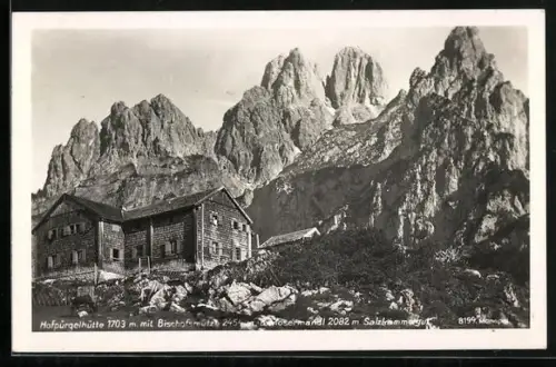 AK Hofpürglhütte mit Bischofsmütze und Mosermandl, Blick den Hang hinauf zur Berghütte im Salzkammergut