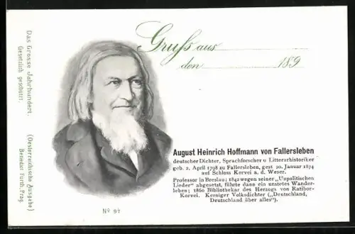 AK August Heinrich Hoffmann von Fallersleben, Dichter, Sprachforscher und Literaturhistoriker