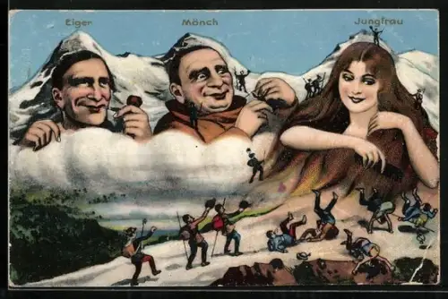 AK Eiger, Mönch, Jungfrau, Berg mit Gesicht und stürzender Kletterrer, Berggesichter