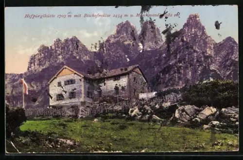 AK Hofpürglhütte, Berghütte mit Bischofmütze und Mosermandl
