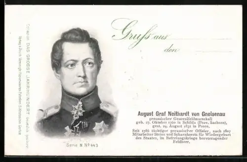 AK August Graf Neithardt von Gneisenau, Preussischer Generalfeldmarschall, 1760-1831