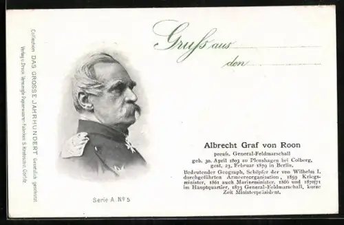 AK Portrait des Heerführers General-Feldmarschall Albrecht Graf von Roon