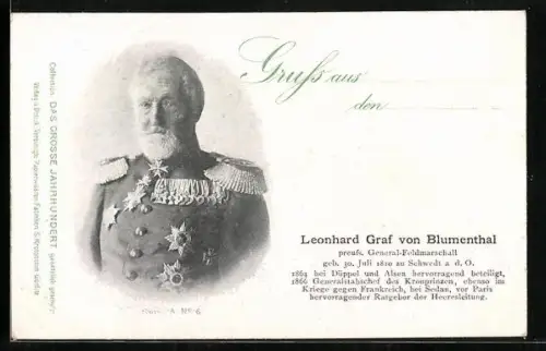 AK Portrait von Generalfeldmarschall Leonhard Graf von Blumemthal in Uniform mit Orden