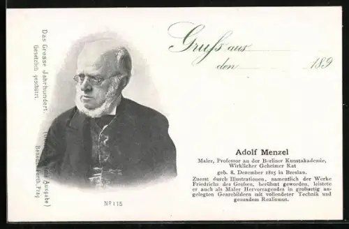 AK Serie: Das grosse Jahrhundert, Porträt von Adolf Menzel