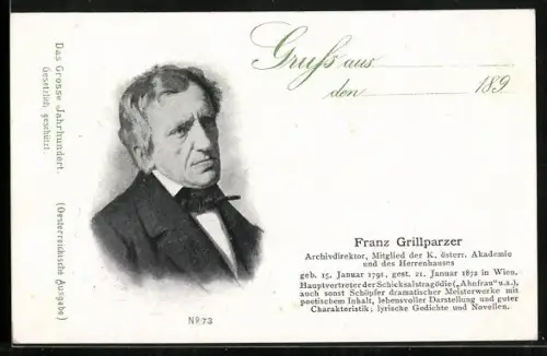 Künstler-AK Portrait des Schriftstellers Franz Grillparzer