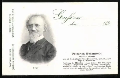 AK Friedrich Bodenstedt, deutscher Dichter, geb. 22.4.1819, gest. 18.4.1892