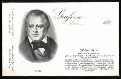 AK Portrait Romandichter Walter Scott im Anzug mit Querbinder