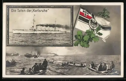 AK Die Taten des Kriegsschiffes Karlsruhe, Reichskriegsflagge mit Eichenzweig