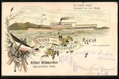 Lithographie Rheindampfer in Fahrt, Rheinfahrt des Kölner Männerchors 1904