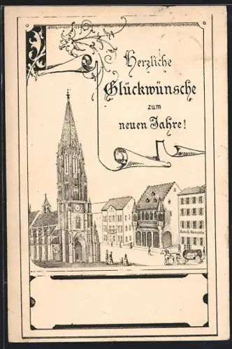 Lithographie Freiburg /Breisgau, Münster mit Humels Weinstube, Neujahrsgruss, früher Druck, vor 1885