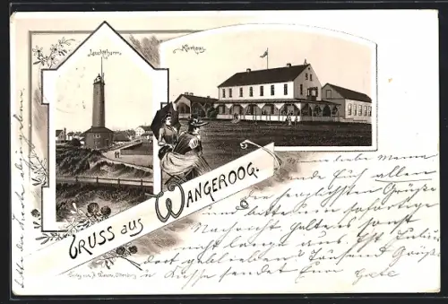 Vorläufer-Lithographie Wangeroog, 1895, Kurhaus und Leuchtturm