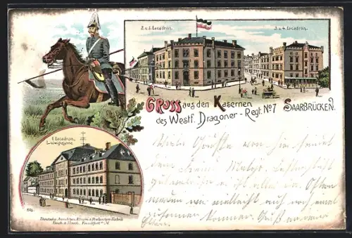 Lithographie Saarbrücken, Kasernen des Westf. Dragoner-Regiments Nr. 7, Ludwigkaserne, Dragoner mit Lanze zu Pferde