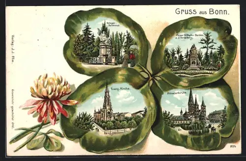Passepartout-Lithographie Bonn, Krieger-Denkmal, Münsterkirche, Kaiser Wilhelm Denkmal a. d. Venusberg, Kleeblatt