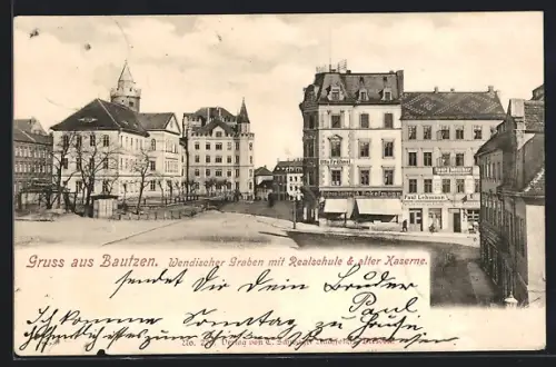 AK Bautzen, Wendischer Graben mit Realschule und alter Kaserne