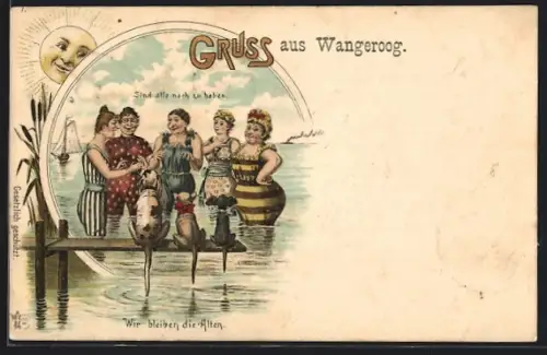 Lithographie Wangeroog, Fünf Damen in Badekostümen im flachen Wasser